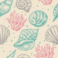 Seamless pattern sea shell. Vector engraving vintage illustrations. Isolated on gray background