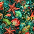 Seamless pattern with sea shells and starfishes. Vector illustration