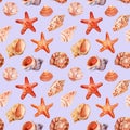 Seamless pattern with sea shells. Watercolor nautical background for wallpaper, wrapping paper, banner, card