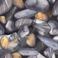 Seamless pattern with sea stones. Watercolor illustration of the seabed. Gray, striped, round, yellow stones. Pebbles on the