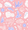 Seamless pattern with sea treasures - corals, cockleshells, stones, seaweed. Royalty Free Stock Photo