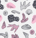 Seamless pattern with sea treasures - corals, cockleshells, stones, seaweed. Royalty Free Stock Photo