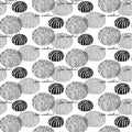 Seamless pattern of Sea Urchins and calligraphy. Hand-drawn monochrome collection of seashells. Vector illustration.