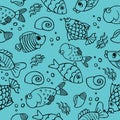 seamless pattern, sea, water, black contour fish, seashells, waves and bubbles on a blue Royalty Free Stock Photo