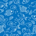 seamless pattern, sea, water, white contour fish, seashells, waves and bubbles on a blue Royalty Free Stock Photo