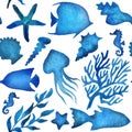 Seamless pattern with sea watercolor vector elements collection Royalty Free Stock Photo