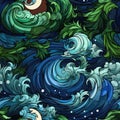 Seamless pattern with sea waves, colorful moon, and highly detailed foliage (tiled)