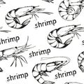 Seamless seafood background with hand drawn shrimps on a white