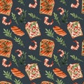 Seamless pattern with seafood on a blue background. Texture with sandwiches with red fish, shrimps, rucola. Suitable for