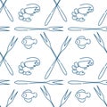 Seamless pattern , Seafood concept. Doodle fish , shrimps and seafood fork sketches. Space for your text. Vector background
