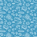 Seamless pattern with seafood and fish.