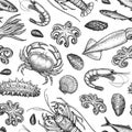 Seamless pattern with seafood and fish. Royalty Free Stock Photo