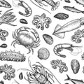 Seamless pattern with seafood and fish.