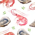 Seamless pattern seafood. Prawns and oysters watercolor illustration.