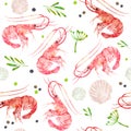 Seamless pattern seafood. Shrimps, shells and spicy herbs watercolor illustration.