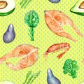 Seamless pattern with vegetables and seafood, watercolor illustration on matting background