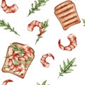 Seamless pattern with seafood on a white background. Texture with shrimp sandwiches, rucola. Suitable for wallpaper