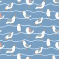 Seamless pattern with seagulls and waves.