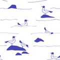 Seamless pattern of seagulls on the waves in the style of line art