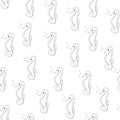 Seamless pattern seahorse Line art Black on white background Illustration doodle Monochrome Underwater world Hand drawn