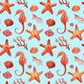 Seamless pattern with seahorse, starfish, corals and shells. Watercolor hand drawn illustration on blue background