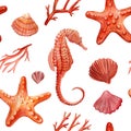 Seamless pattern with seahorse, starfish, corals and shells. Watercolor hand drawn illustration