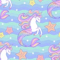 Seamless pattern with seahorse unicorn and starfish. Vector