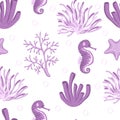 Seamless pattern with seahorses, starfishes, corals and seaweed