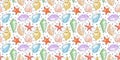 Seamless pattern with seashell and starfish with bubble in flat style. Ocean theme design for beach decoration and marine artwork. Royalty Free Stock Photo