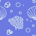 Seamless Pattern With Seashells On Blue Background doodle style pattern. vector Royalty Free Stock Photo