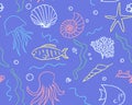 Seamless Pattern With Seashells On Blue Background doodle style pattern. vector Royalty Free Stock Photo