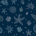 Seamless pattern with seashells, corals and starfishes. Marine dark blue background. For printing, fabric, textile, manufacturing Royalty Free Stock Photo