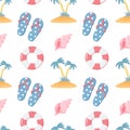 Seamless pattern, seashells, flip flops, palm trees and rubber rings on a white background. Print, summer background Royalty Free Stock Photo