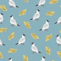 Seamless pattern seashells, gulls on blue background. Nautical style kids print, vector eps 10