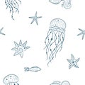 Seamless pattern with seashells, jellyfish and starfishes. Marine minimal background. For printing, fabric, textile, manufacturing