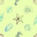 Seamless pattern with seashells, seahorse and starfish. Marine background. Vector illustration in sketch style