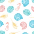 Seamless pattern of seashells and seahorses.