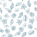 Seamless pattern with seashells and seaweed. wild nature. cool for cards, invitations, party, banners, baby shower, preschool and