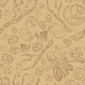 Marine elements on a beige background. Outline drawing