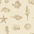 Seamless pattern with seashells of various shapes