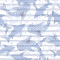 Seamless pattern see-through sharks on blue striped background. Cute print with Hammerhead, Whale, White shark and bubbles