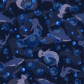 Seamless pattern see-through sharks on dark blue background. Random print with Hammerhead, Whale, White shark and bubbles