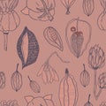 Seamless pattern with seeds and seed pods in autumn colors. Royalty Free Stock Photo