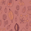 Seamless pattern with seeds and seed pods in autumn colors. Royalty Free Stock Photo