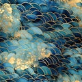 Seamless pattern of Seigaiha and alcohol ink texture. Watercolor blue, teal and gold background with geometrical waves shape. Royalty Free Stock Photo