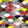 Seamless Pattern Seigaiha Scales Simple Nature Background With Japanese Wave Circle Black Gray White Red Yellow Colors. Trend