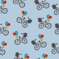 Seamless pattern with bicycle on blue background. bicycle with basket, flower and colorful balloons. hand drawn vector. romantic b Royalty Free Stock Photo