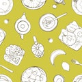 Seamless pattern with served delicious breakfast meals lying on plates hand drawn with contour lines on green background Royalty Free Stock Photo