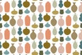 Seamless pattern with set of abstract ceramic vase shapes. Various pottery ceramic jugs in warm boho colors. Contempory modern