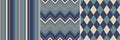 Seamless pattern set in blue, green, beige. Chevron, stripes, argyle vector backgrounds for dress, skirt, top, socks, jumper.